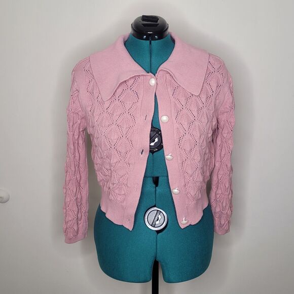 Coquette Romantic Academia Feminine Cable Knit Puritan Collar Pearl Buttons Sz M - Picture 1 of 5